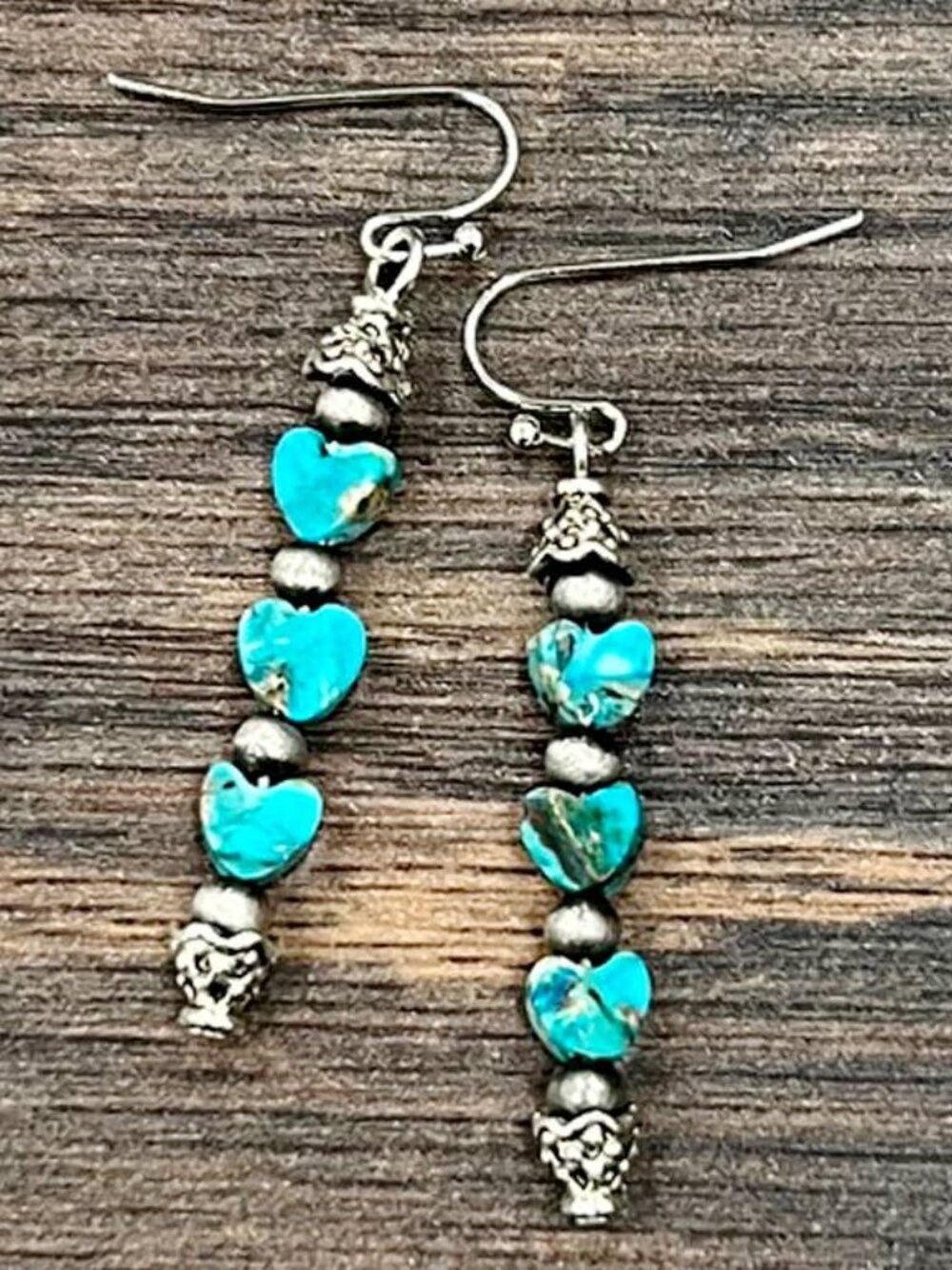 Turquoise Heart Dangle Earrings Western Boho Silver Cowgirl Jewelry